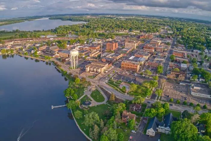 Aerial View of Downtown Albert Lea, Minnesota which is one of the best places to retire in Minnesota.