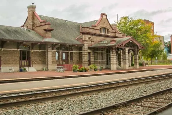View of the HIstoric Red Wing Train Station in Red WIng -- one of the best places to visit in Minnesota.