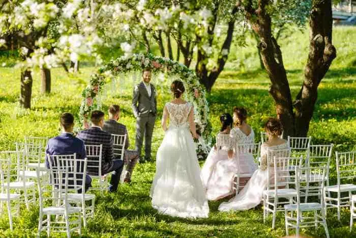 Wedding party under trees in the outdoors.