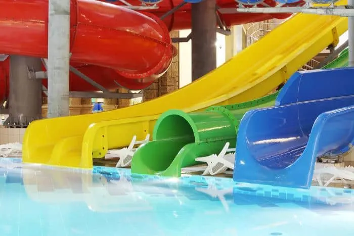 Colorful water slides in an indoor water park