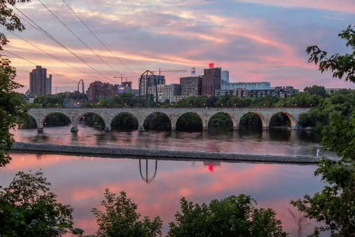 Stone Arch Bridge and  St. Anthony Main Skyline in St Anthony Park, one of the best neighborhoods in Minnesota