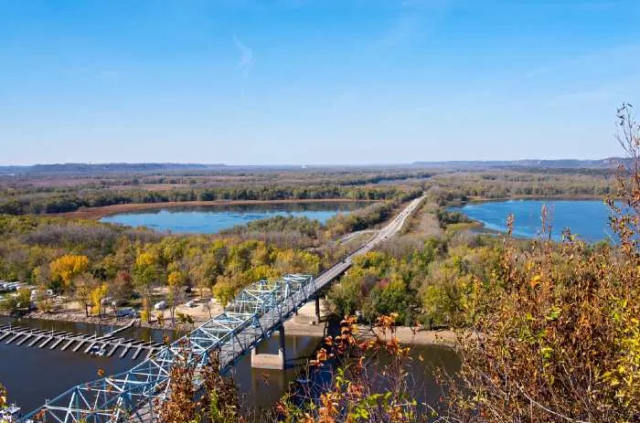 An aerial view of highway 63 bridge crossing Mississippi river and backwaters
