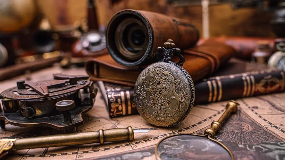 Antique bronze watch necklace on an old world map