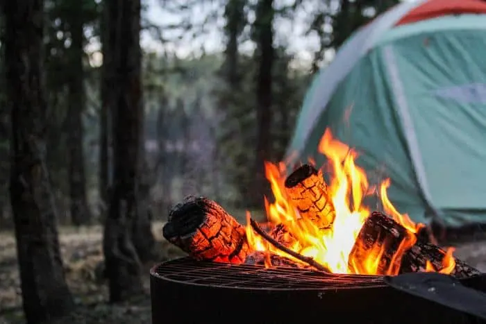 campfire and tent in woods