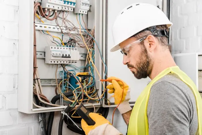 An electrician checking an electrical box with a multimeter
