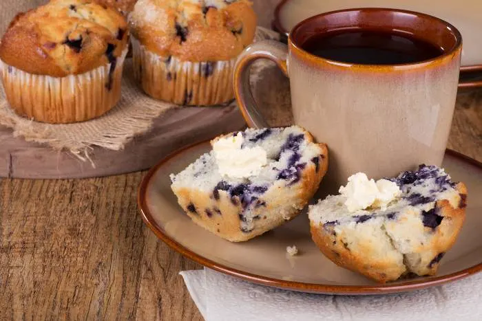 Sliced Blueberry Muffin and Cup of Coffee on a Plate; one of the best options for breakfast in Minneapolis