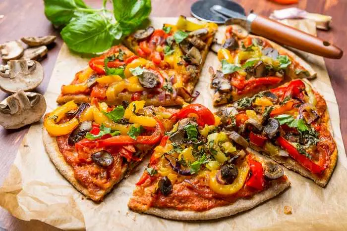 Super Healthy Vegan Whole Grain Vegetables and Mushrooms Pizza