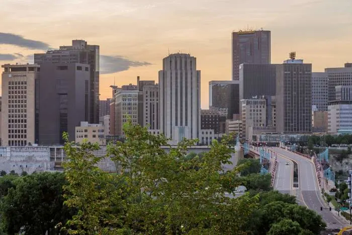  A Telephoto Skyline Shot of Downtown St. Paul over the Wabasha Avenue Bridge During a Beautiful Summer Sunset
