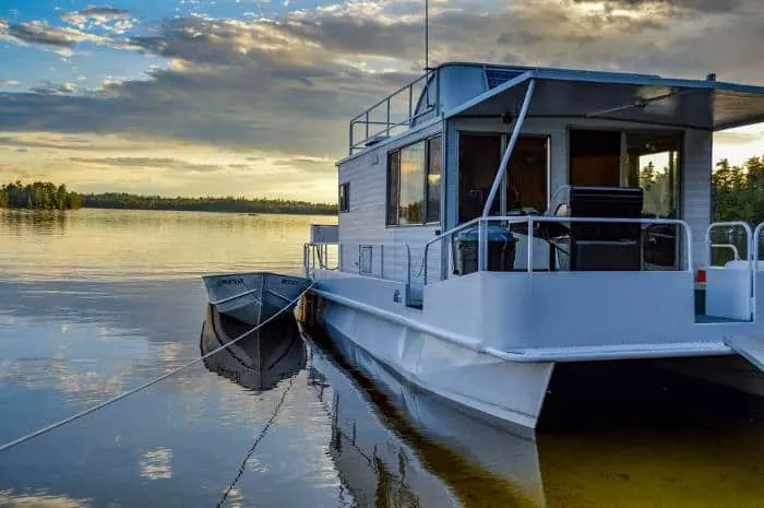 Sunset behind houseboat on lake in Voyageur's National Park in Northern Minnesota.