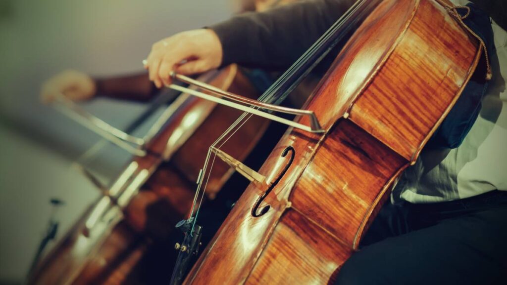 Symphony orchestra on stage, hands playing cello
