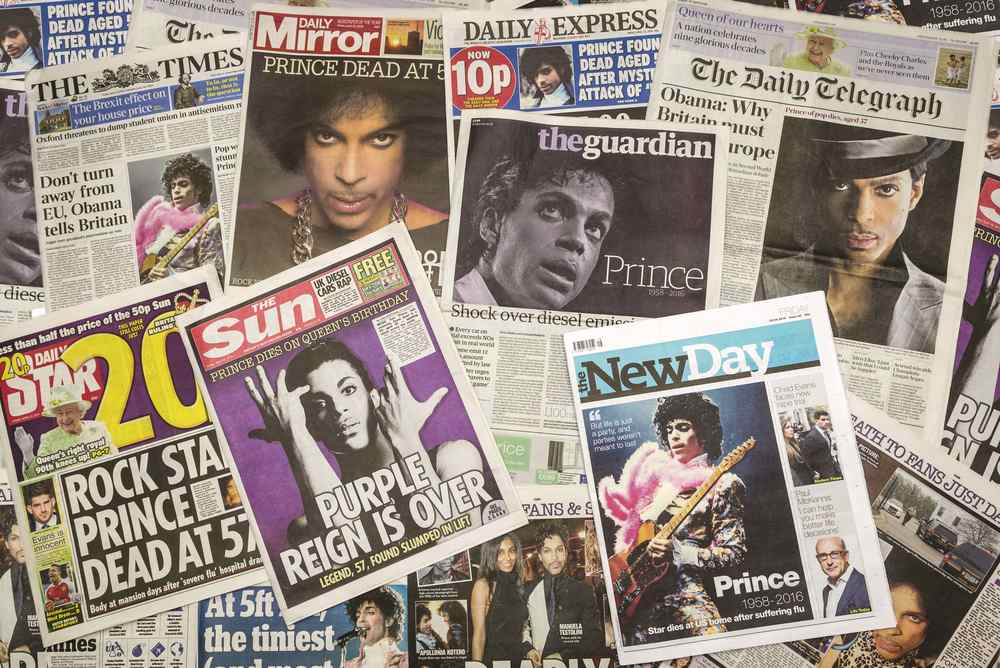 London, UK. 22th April, 2016.British Newspaper Front Pages following the Death of Prince at his Paisley Park home, Minneapolis.