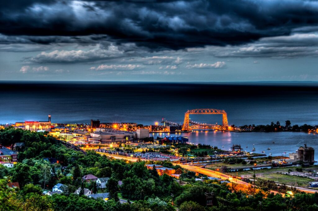 Skyline at night of Duluth, Minnesota.