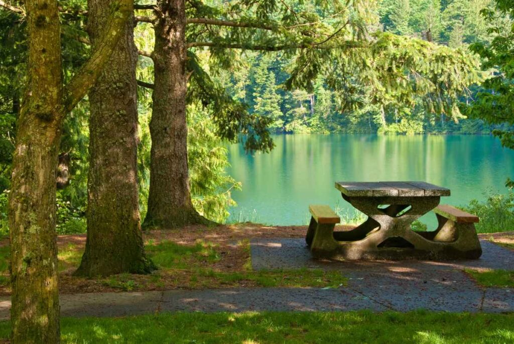 A stone picnic table at a park in Robbinsdale