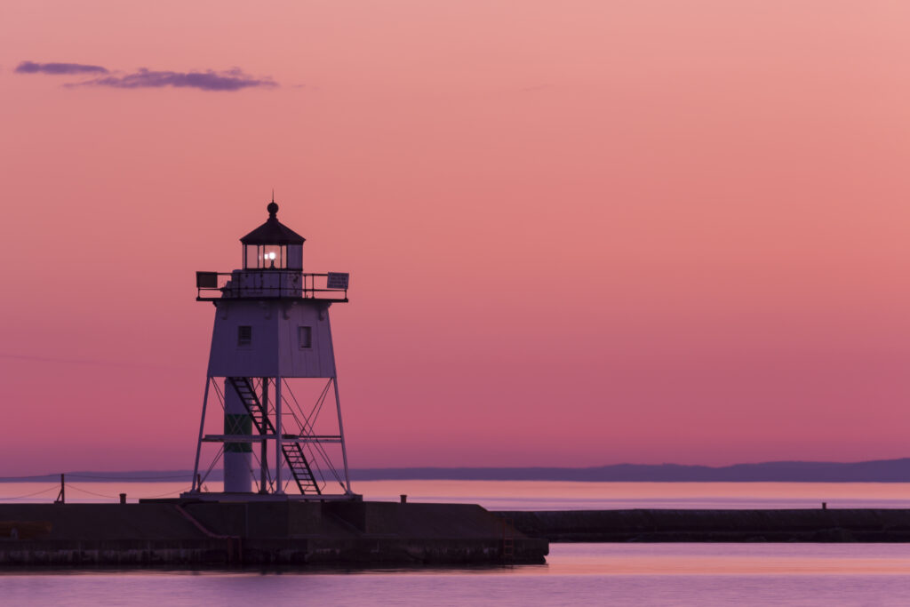 The Grand Marais Lighthouse at sunset.