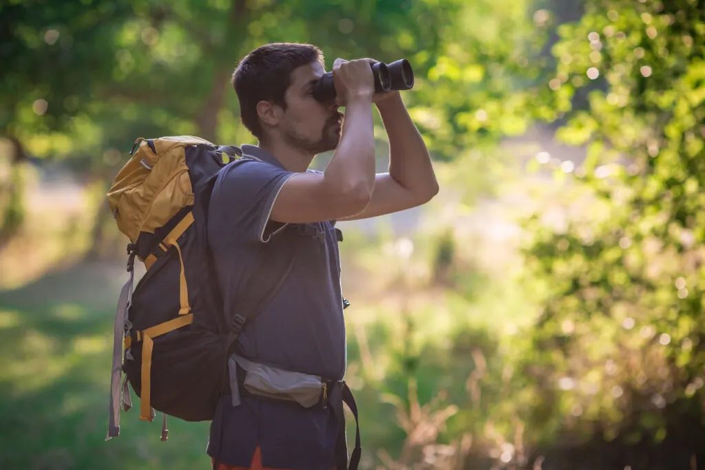 A man uses binoculars to search for birds.
