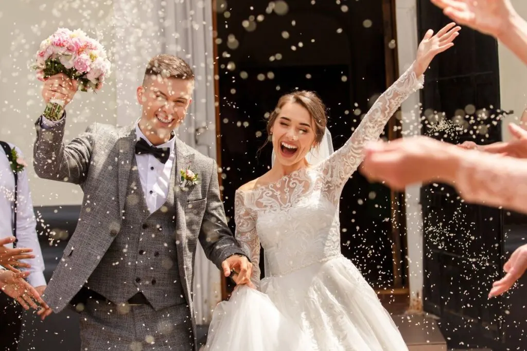 A happy couple getting married.