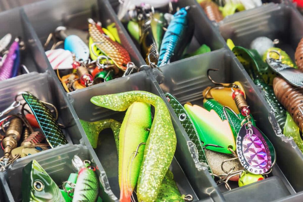 A tackle box of assorted freshwater fishing lures.