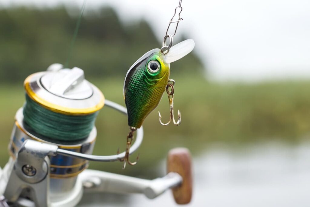A fishing reel and a green and yellow plastic fishing lure. Best bass fishing lures.