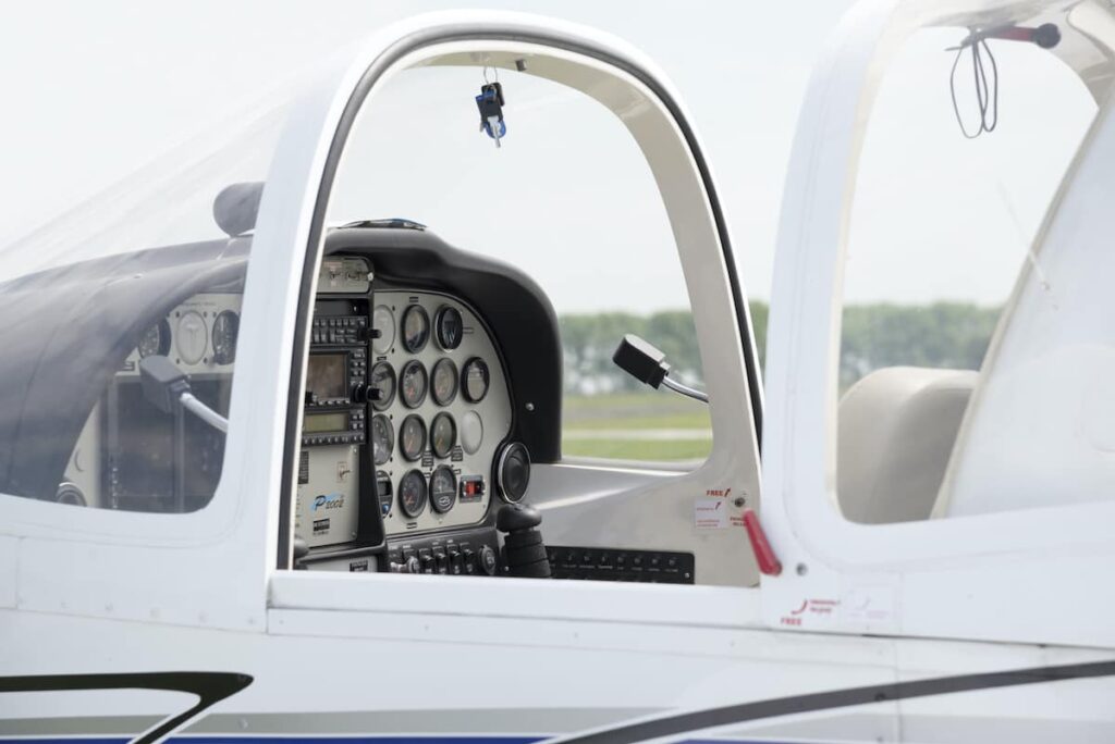 View of the cockpit of a small plane.