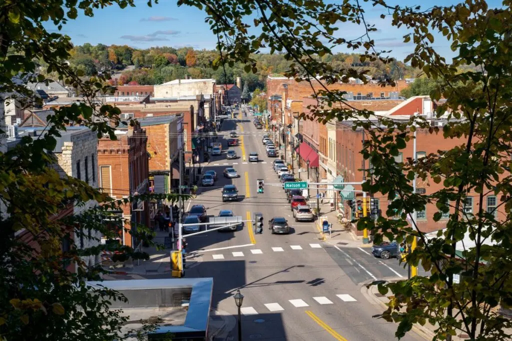 Aerial view of Stillwater, one of the best Minnesota small towns.
