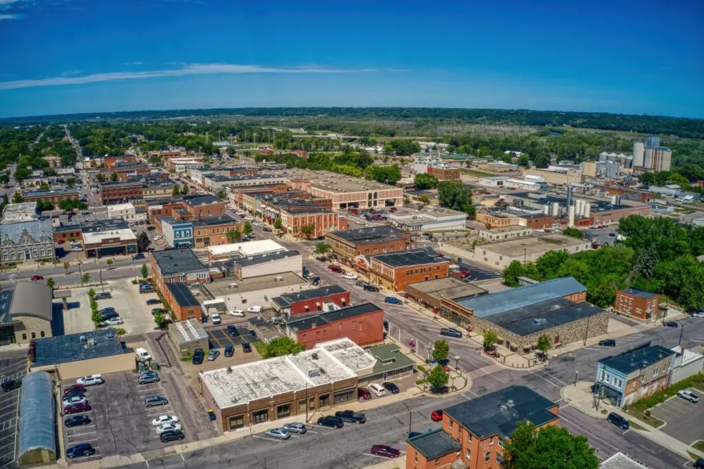 Aerial view of New Ulm, one of the best Minnesota small towns.