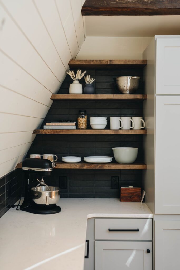 Part of the kitchen in the A-Frame Cabin.