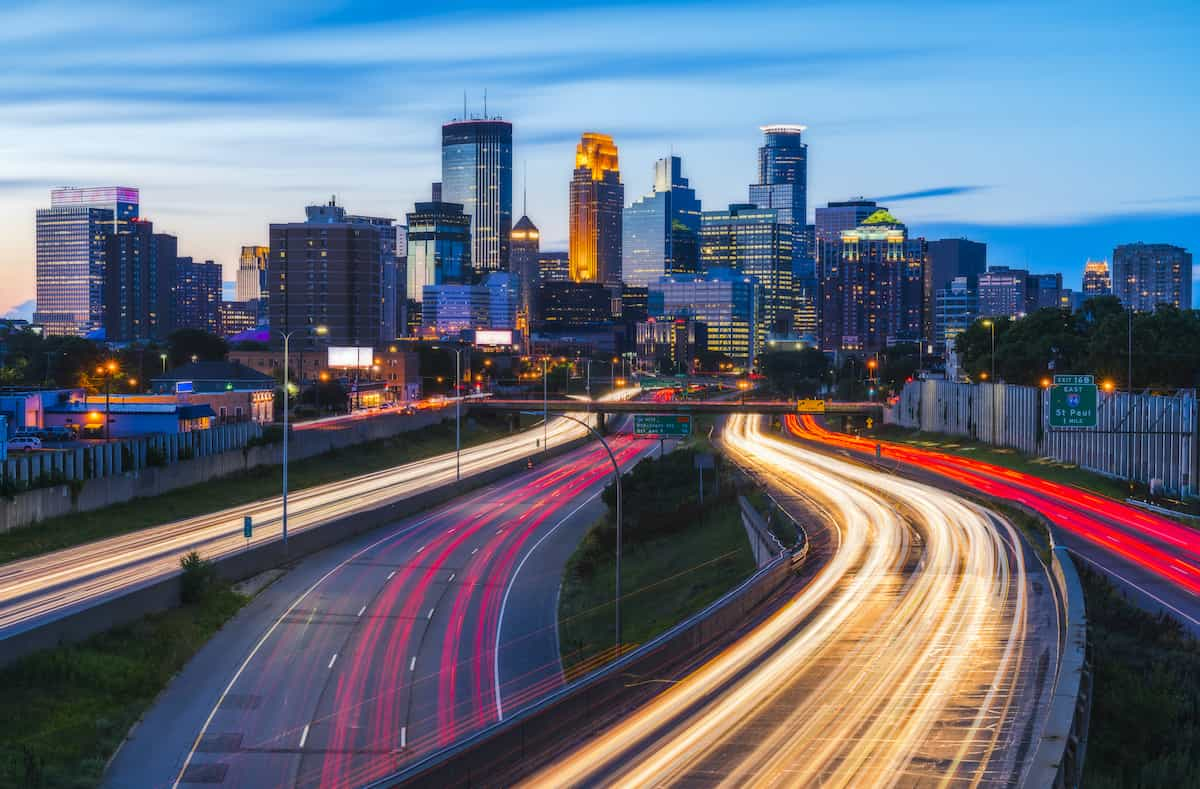 View of the Minneapolis skyline in early evening.