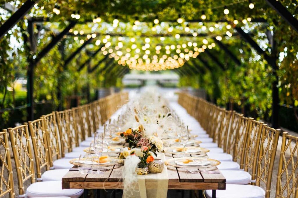 An outdoor wedding reception table.