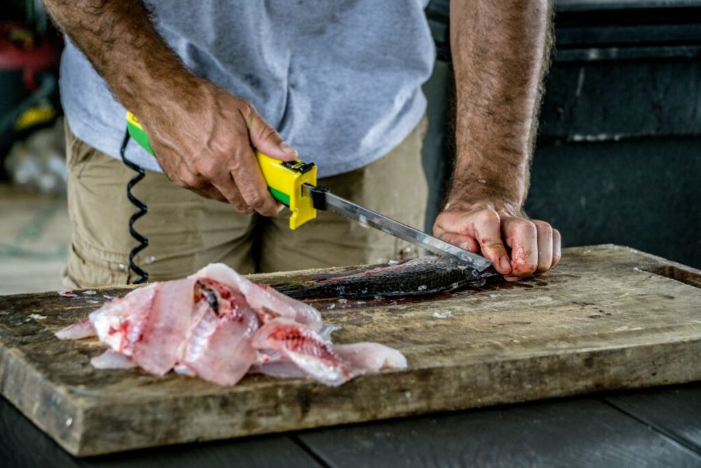 Man cutting freshly caught crappie fish.