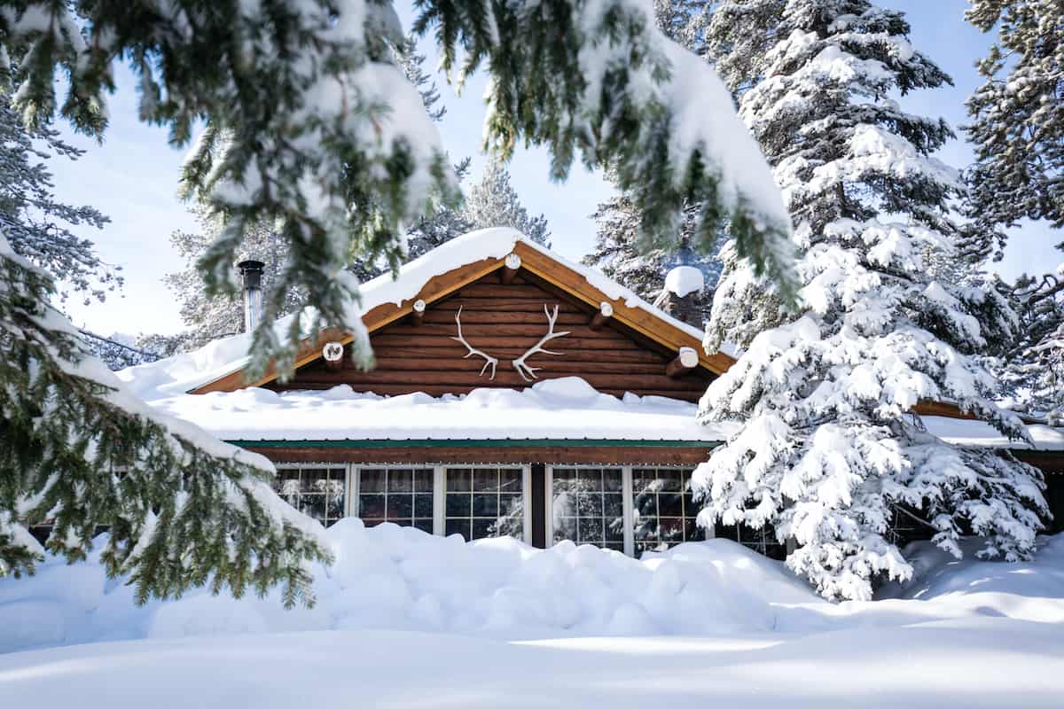 Snowy cabin in the winter.