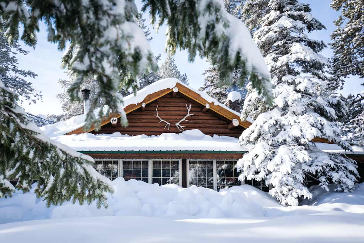 Snowy cabin in the winter.